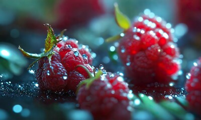 Fresh raspberries with dew drops, macro photography