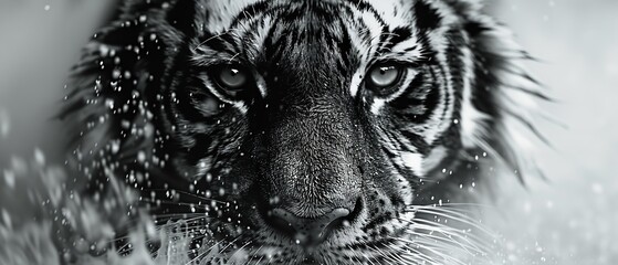 Close-up portrait of a tiger. Black and white illustration - obrazy, fototapety, plakaty