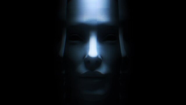 Close in on a darkly lit human face split down the middle and opening on a loop to reveal repeated faces inside each other.