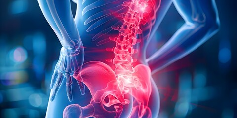 Managing Sciatic Nerve Inflammation: Symptoms, Diagnosis, and Treatment Options for Lower Back Pain. Concept Lower Back Pain, Sciatic Nerve Inflammation, Symptoms, Diagnosis, Treatment Options - obrazy, fototapety, plakaty
