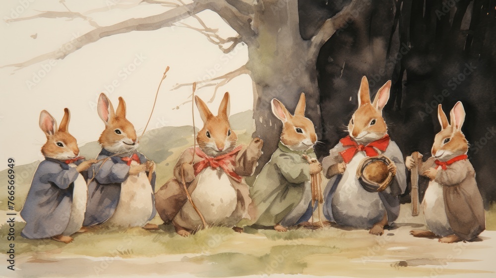 Wall mural A group of six rabbits are sitting in a line, with one of them holding a fishing rod. The scene is likely from a children's book or a children's art piece, as the rabbits are dressed in clothing - Wall murals