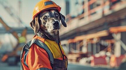 This image showcases a dog embodying vigilance and safety, equipped with a safety jacket and helmet, against the backdrop of a construction site that fades into a blur, emphasizing the subject. - obrazy, fototapety, plakaty