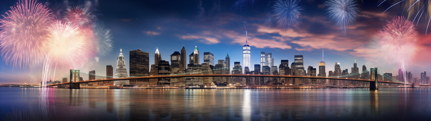 Fototapeta na wymiar Vibrant Fireworks over New York City Skyline and Brooklyn Bridge