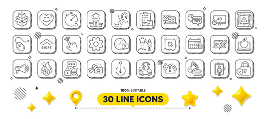 Cursor, Copyright laptop and Loyalty gift line icons pack. 3d design elements. Inventory checklist, Quick tips, Cyber attack web icon. Hot loan, Timer, Smile face pictogram. Vector