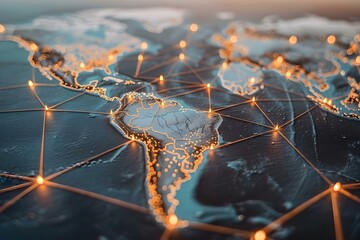 Global commerce networks connecting various locations through a web of interconnected trade routes. Concept Trade routes, Global commerce network, Interconnected locations, Economic exchange