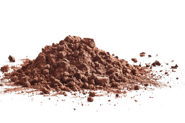 A pile of brown powder on a white background. The powder is likely cocoa powder, which is commonly used in baking and cooking. Concept of warmth and comfort