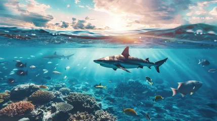 Foto op Plexiglas A shark is swimming in the ocean with many fish around it. The water is blue and the sky is cloudy © vefimov