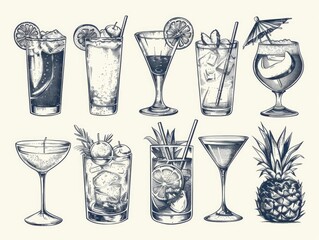 A set of 12 different types of drinks, including martinis, cocktails, and fruit drinks, are drawn in a stylized, artistic way