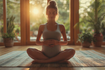 Pregnant Woman Sitting in Yoga Pose - obrazy, fototapety, plakaty