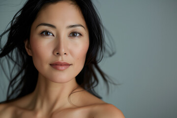 Naklejka premium Delicate Elegance in Simplicity: A Serene Close-Up of an Asian Woman with Windblown Hair