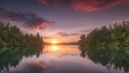 Fototapeta na wymiar Serene Sunset Over A Calm Lake With Vibrant Hues Upscaled 4