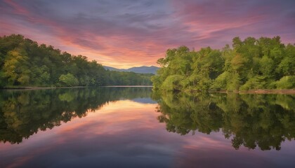 Fototapeta na wymiar Serene Tranquil Lake At Sunset With Vibrant Hues