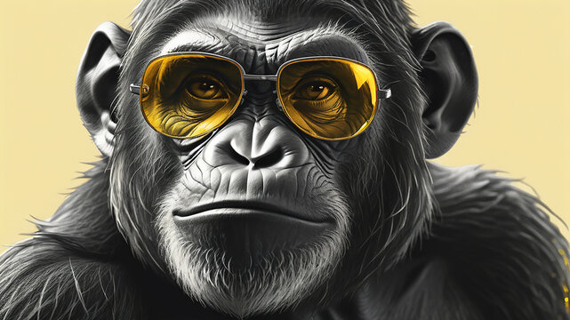 Portrait of a ape with a sunglasses