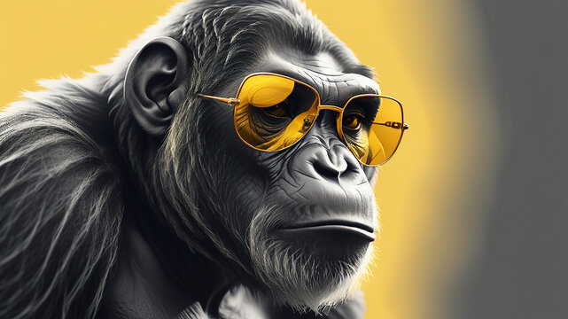 Portrait of a ape with a sunglasses