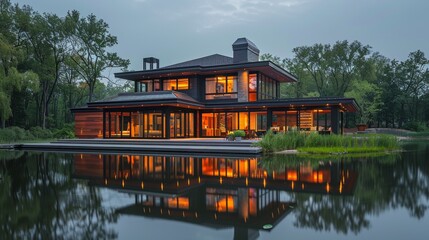 House Overlooking Lake by Forest