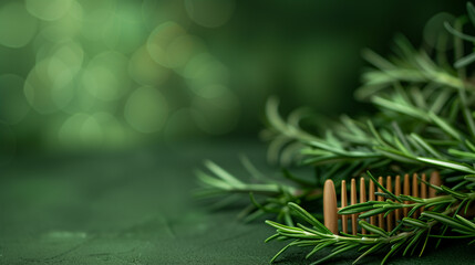 A  wooden comb, rosemary on an olive background with copy space. Hair care concept. - obrazy, fototapety, plakaty