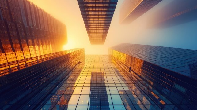 Gazing into the fog, a line of towering skyscrapers emerges. The glass-clad buildings create a parallel and symmetrical ensemble in the bustling metropolitan area. AIG41