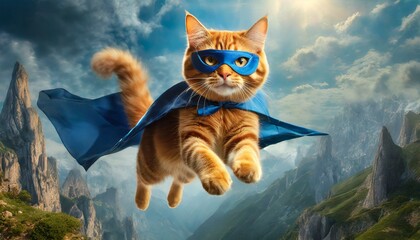 Obraz premium superhero cat, Cute orange tabby kitty with a blue cloak and mask jumping and flying on light blue background with copy space. The concept of a superhero, super cat, leader, funny animal studio shot