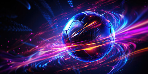 A soccer ball bursts with dynamic energy and vibrant neon light trails