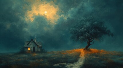 A solitary cottage basks under a moonlit sky, flanked by a lone tree on a misty field, evoking a sense of solitude and the beauty of rural life - obrazy, fototapety, plakaty