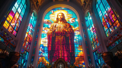 Fototapeta na wymiar A vibrant stained glass window depicting Jesus Christ in a majestic and holy style,generative ai
