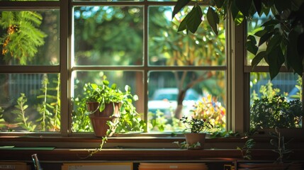 A classroom window framing a serene garden scene, offering a moment of tranquility amidst the bustle of learning.