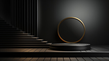Black product background stand or podium pedestal on advertising with black background

