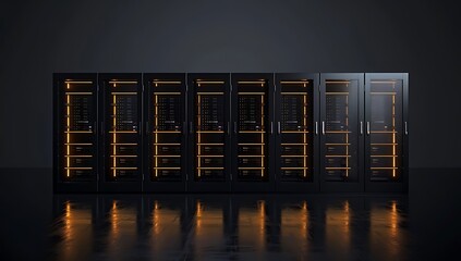 Data center dark with glowing servers. Data server room. cyberspace, networking, data protection & privacy concepts. 3d rendering. illustration - obrazy, fototapety, plakaty