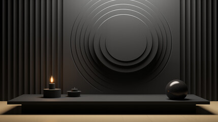 Black product background stand or podium pedestal on advertising with black background

