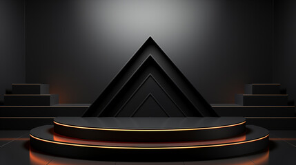 Black product background stand or podium pedestal on advertising with black background

