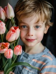 A young boy is holding a bouquet of pink flowers. He has a smile on his face and looks happy