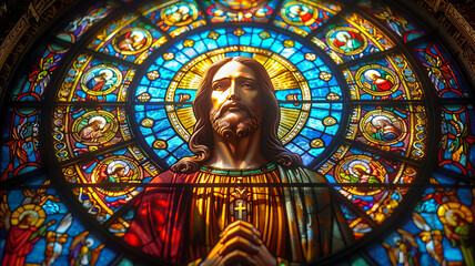 A vibrant stained glass window depicting Jesus Christ in a majestic and holy style,generative ai