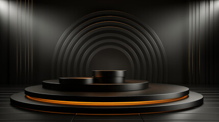 Black product background stand or podium pedestal on advertising with black background

