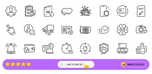 Delivery route, Reject book and Professional line icons for web app. Pack of Card, Timer, Shield pictogram icons. User, Distribution, Loyalty program signs. Renew card, Idea, Bell alert. Vector