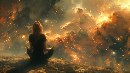 Radiant woman meditates amid cosmic splendor.generative ai - obrazy, fototapety, plakaty