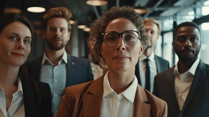 A group of people are standing together, one of them is wearing glasses and a brown jacket. The group is composed of people of different races and genders