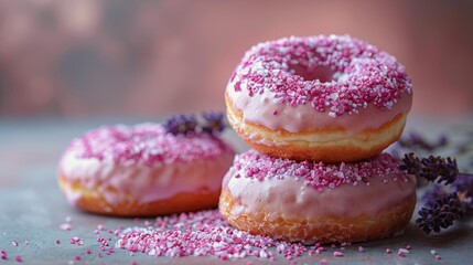 Three Donuts With Pink Frosting and Sprinkles