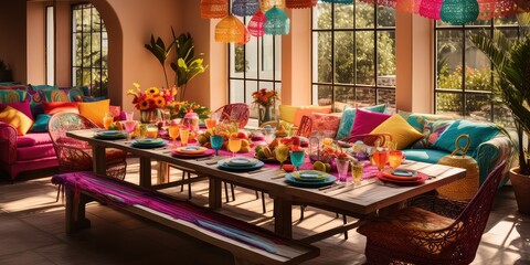 Fototapeta na wymiar Vibrant Fiesta: Explore Interior Decoration Inspired by Mexican Folklore, Infusing Spaces with Colorful Traditions and Rich Cultural Heritage 