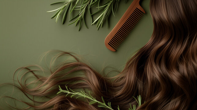 A strand of long hair, a wooden comb, rosemary on an olive background with copy space. Hair care concept.
