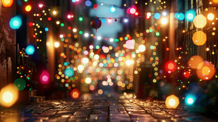 Festive Street Decorations with Bokeh Lights