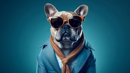 a dog wearing glasses and clothes, dog with glasses on blue background, stylish dog - obrazy, fototapety, plakaty