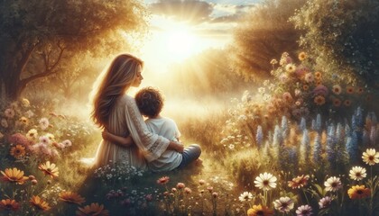 Silhouette of a mother and child enjoying a tranquil sunset amidst a blooming meadow - obrazy, fototapety, plakaty