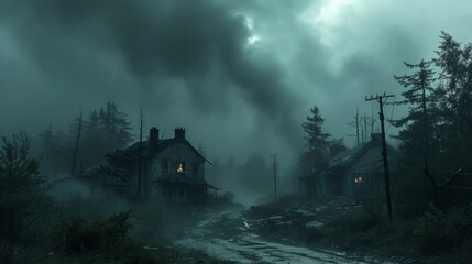 Derelict houses emerge from the fog in a haunting rural scene, the eerie glow from a lone window suggests a mysterious tale amid the dilapidation - obrazy, fototapety, plakaty