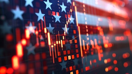 Abstract virtual financial technical graph hologram on USA flag and cityscape background, forex and investment concept. Global economy, stock exchange. Multiexposure. - obrazy, fototapety, plakaty