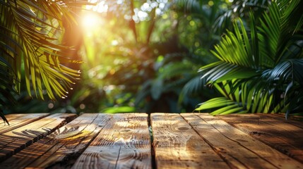 Wooden Table Surrounded by Green Plants - obrazy, fototapety, plakaty