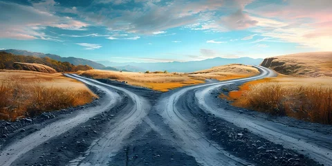 Foto op Canvas A fork in the road symbolizing a decision point with two paths diverging representing choices and opportunities. Concept Decision Point, Two Paths, Choices, Opportunities, Symbolism © Ян Заболотний