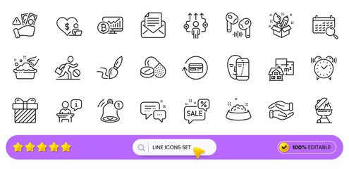 Creativity, Podium and Hand washing line icons for web app. Pack of Headphone, Fraud, Volunteer pictogram icons. Refund commission, Jobless, Surprise signs. Search calendar, Dog feeding, Grill. Vector