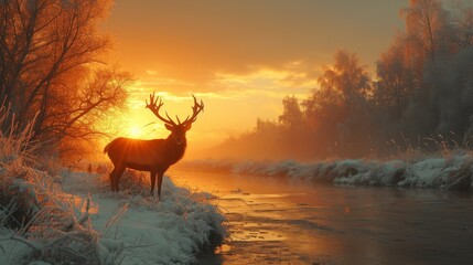 A majestic stag stands on a frost-covered riverbank, silhouetted against the warm glow of a breathtaking sunrise, a serene representation of wildlife in winter.