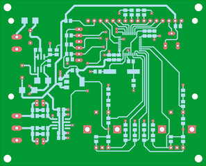 Tracing the conductors of the printed circuit board
of an electronic device. Vector engineering technical
drawing of a pcb. Electric background.