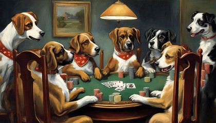 Classic Comedy: C.M. Coolidge's Dogs Playing Poker Painting - obrazy, fototapety, plakaty
